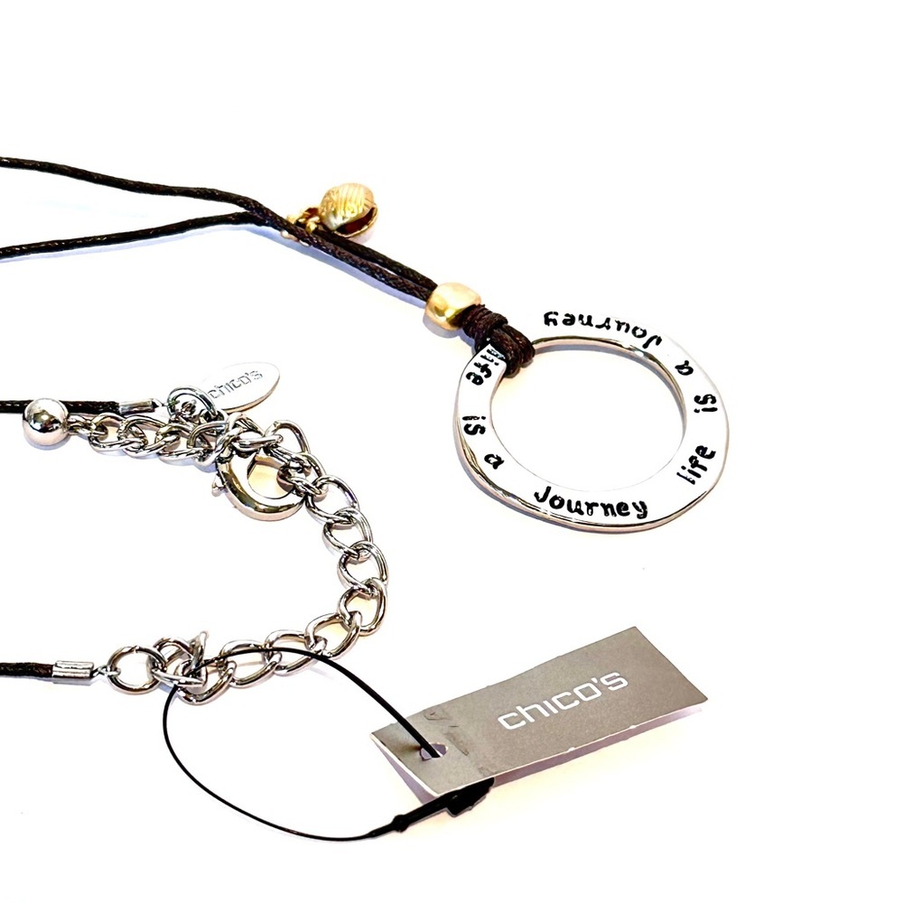 CHICO’s “Life is a Journey” Engraved Message Circle Charm Necklace on Black Cord